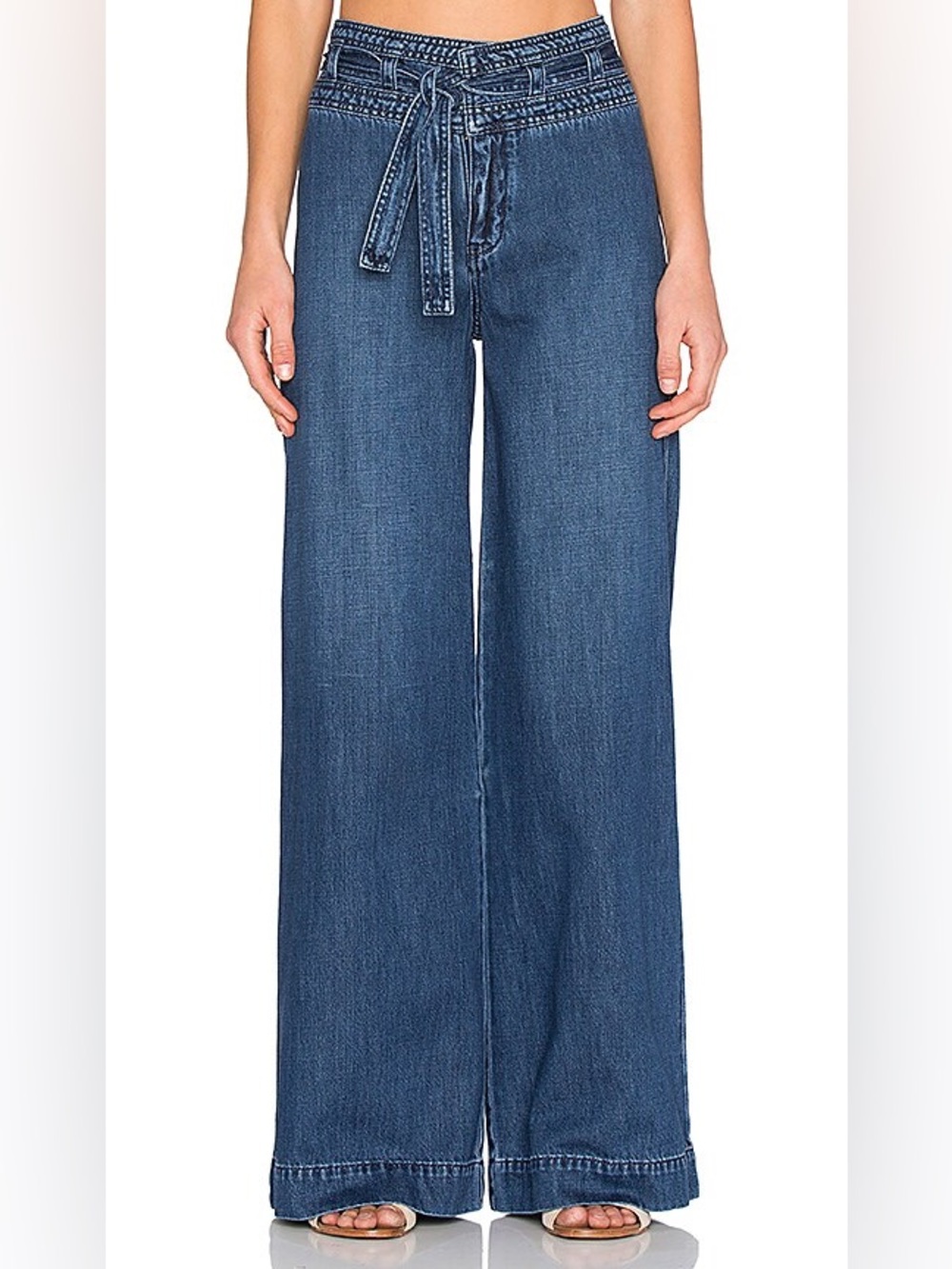 Free People Belted Flare Jeans Maytal Blue Wide Leg Denim Size W28